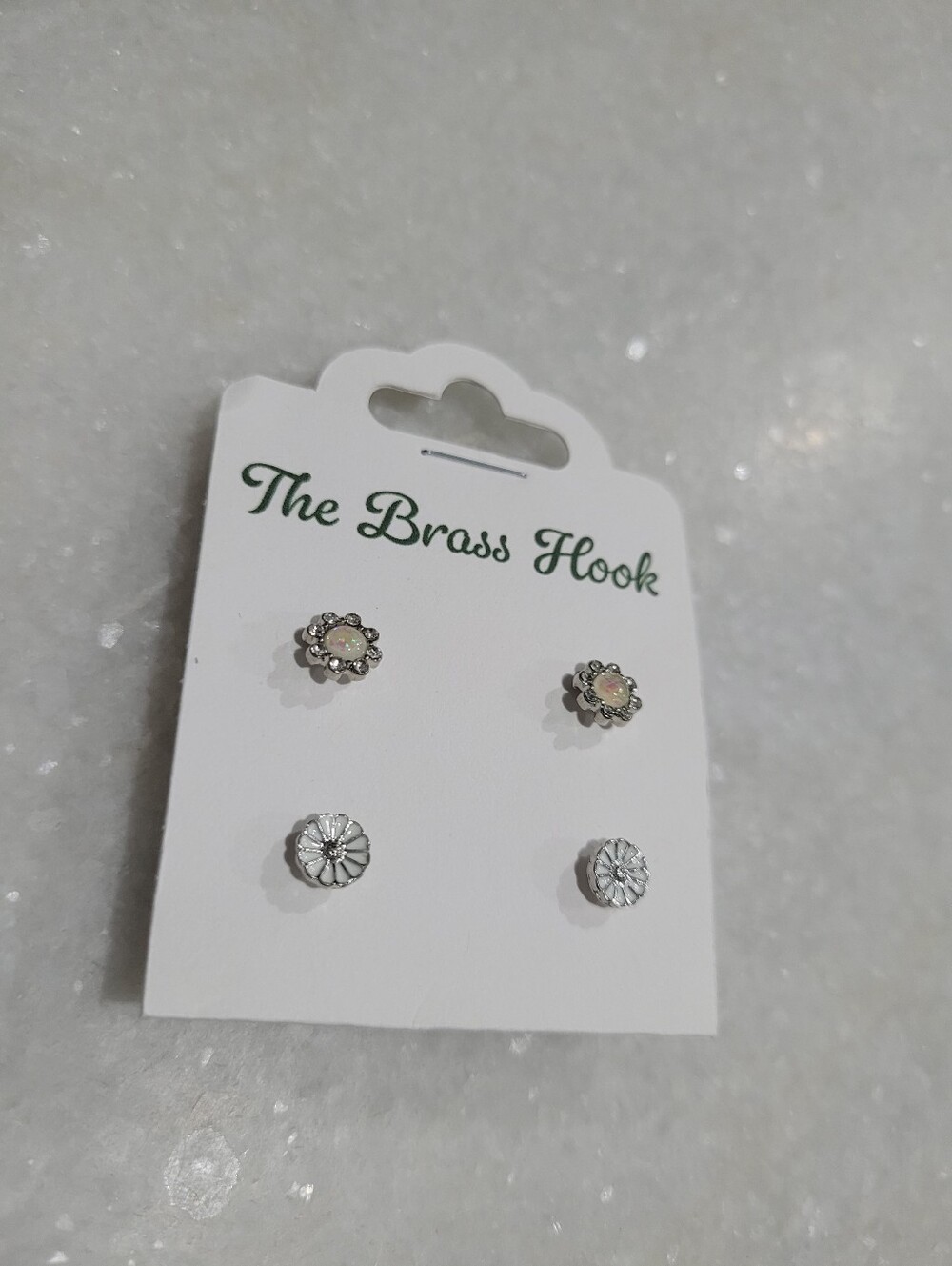 2-Pair Silver Tone Floral Stud Earrings – Opalescent & White Enamel